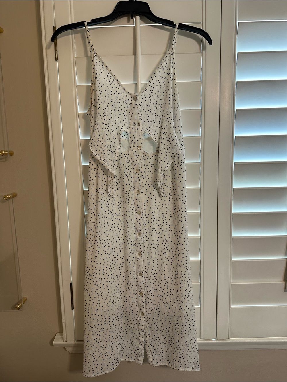 White Polka Dot Button-Front Spaghetti Strap Dress